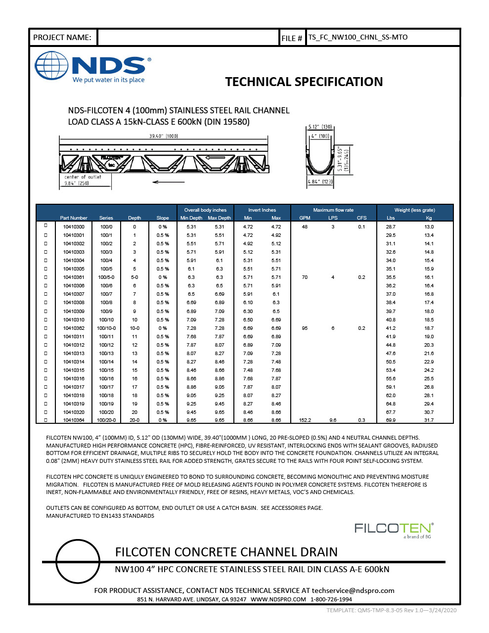 NDS BG-FILCOTEN® tec E 100 Trench Drain with Stainless Steel Rails Tech Spec