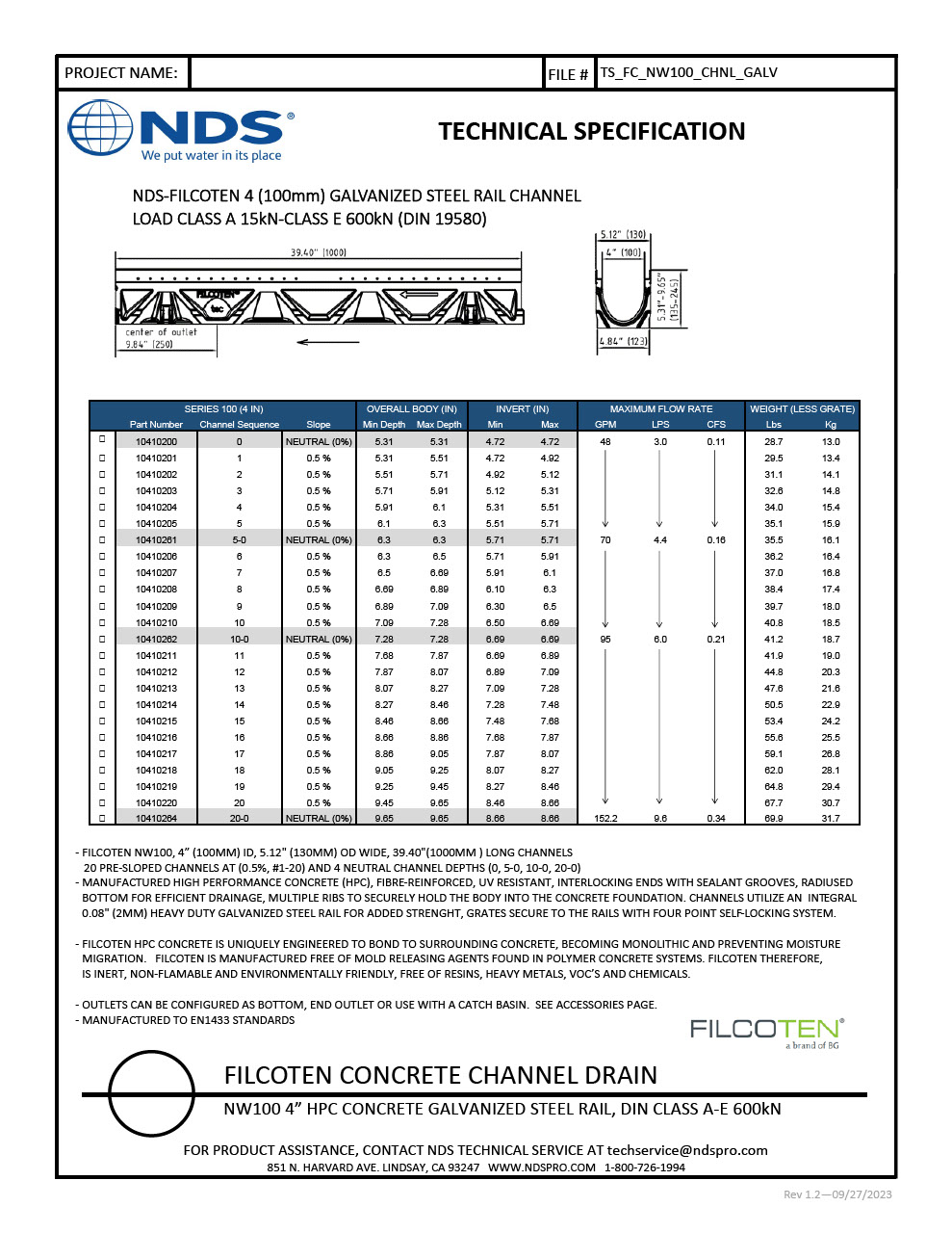 NDS BG-FILCOTEN® tec V 100 Trench Drain with Galvanized Steel Rails Tech Spec