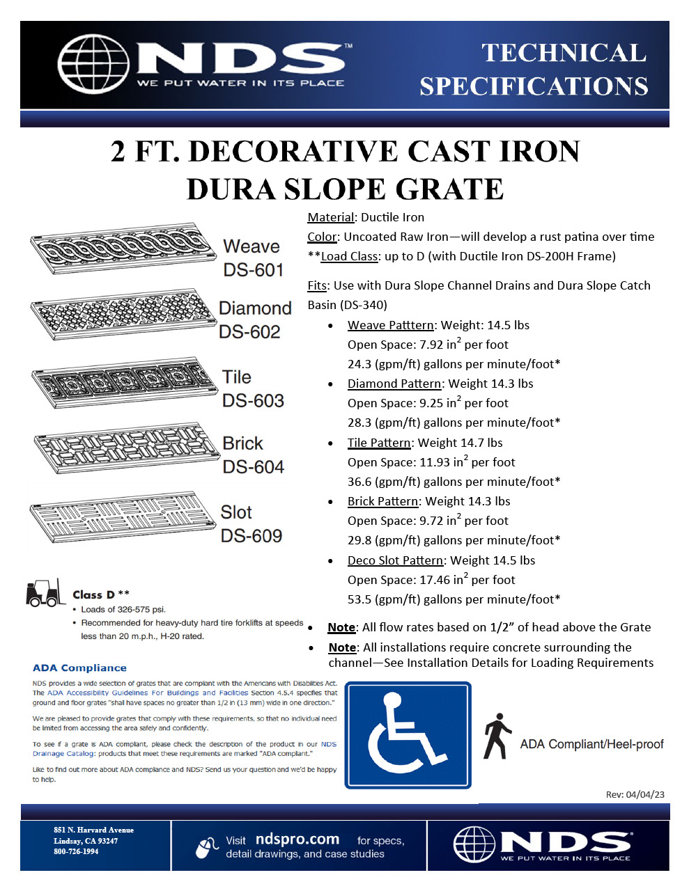 NDS Dura Slope® Decorative Channel Drain Grates Tech Spec