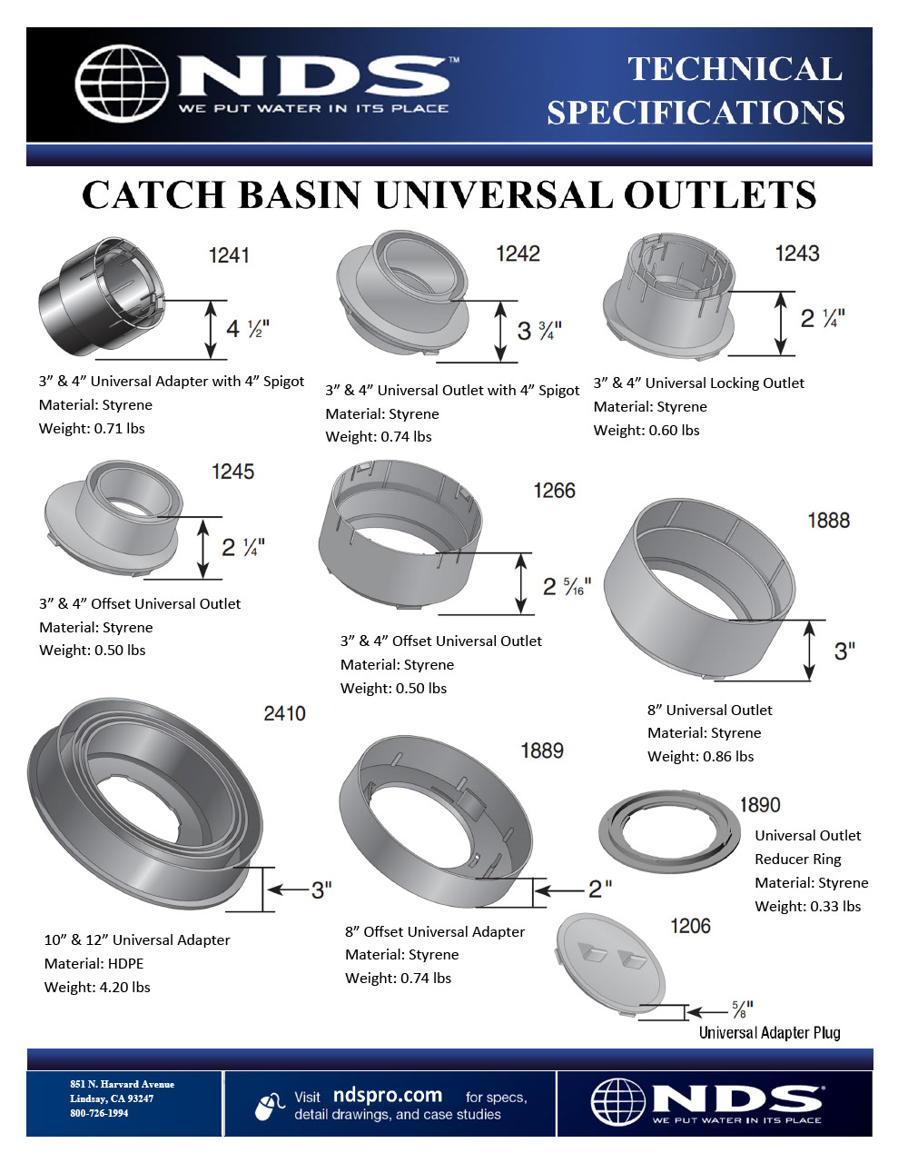 NDS Catch Basin Drain Outlets and Adapters Tech Spec