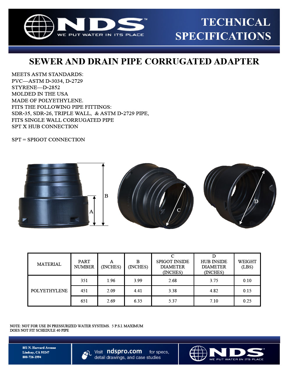 NDS HDPE Corrugated Adapter Spt X Hub Tech Spec