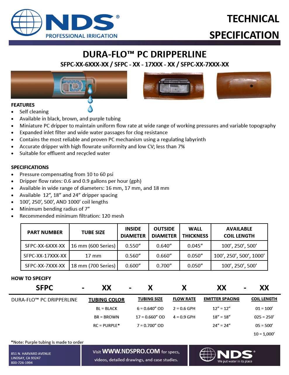 NDS Dura FloTM Pressure Compensating Dripline (PC) Tech Spec