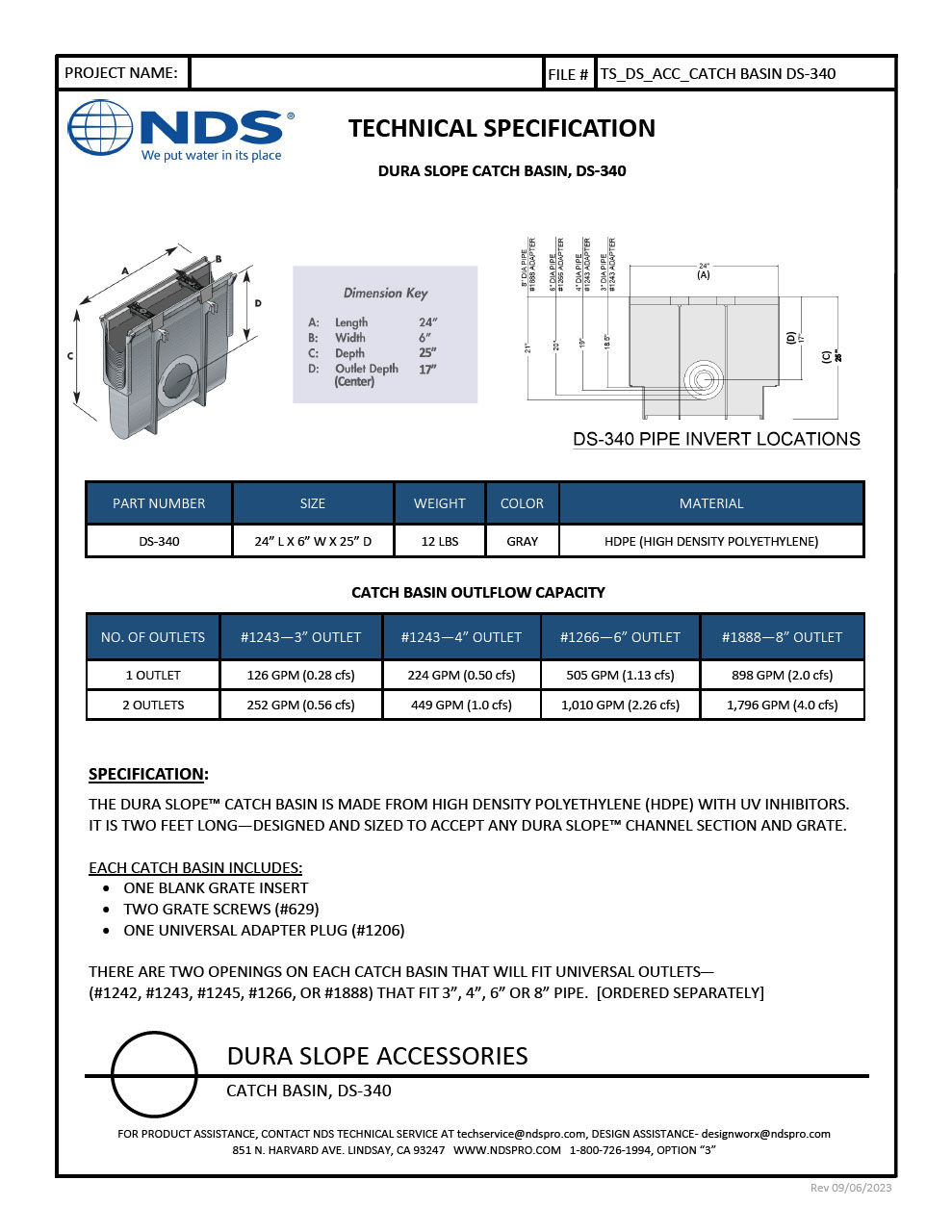 NDS Dura SlopeTM Channel Drain Inline Catch Basin Kit Tech Spec