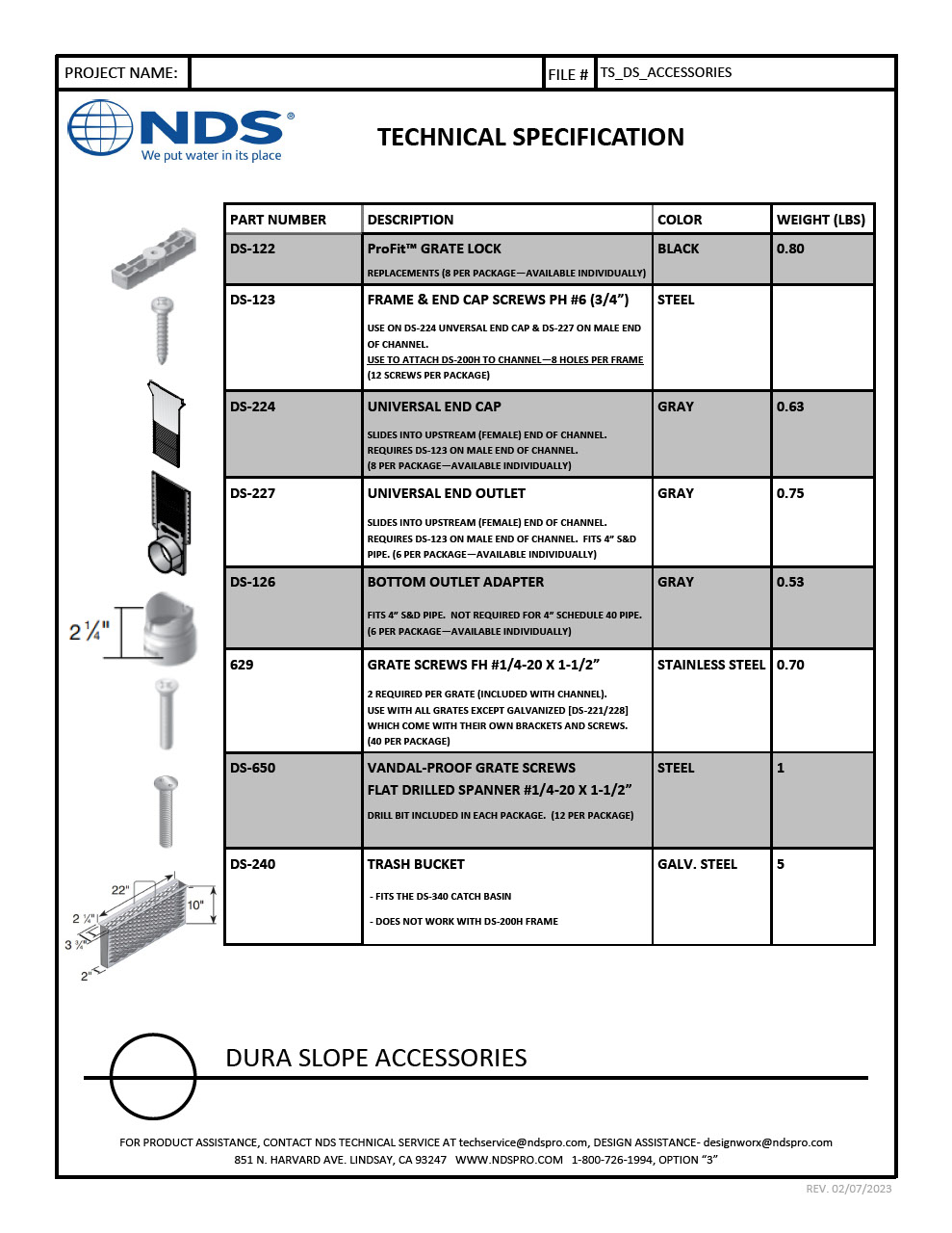 NDS Dura SlopeTM Channel Drain System Accessories Tech Spec