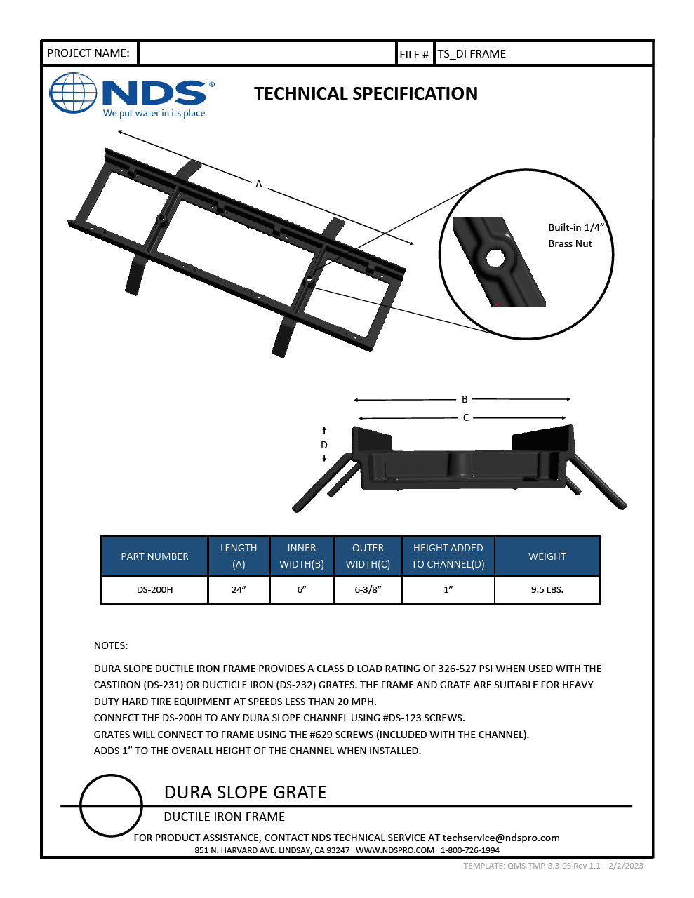 NDS Dura Slope® Channel Drain Ductile Iron Frame Tech Spec