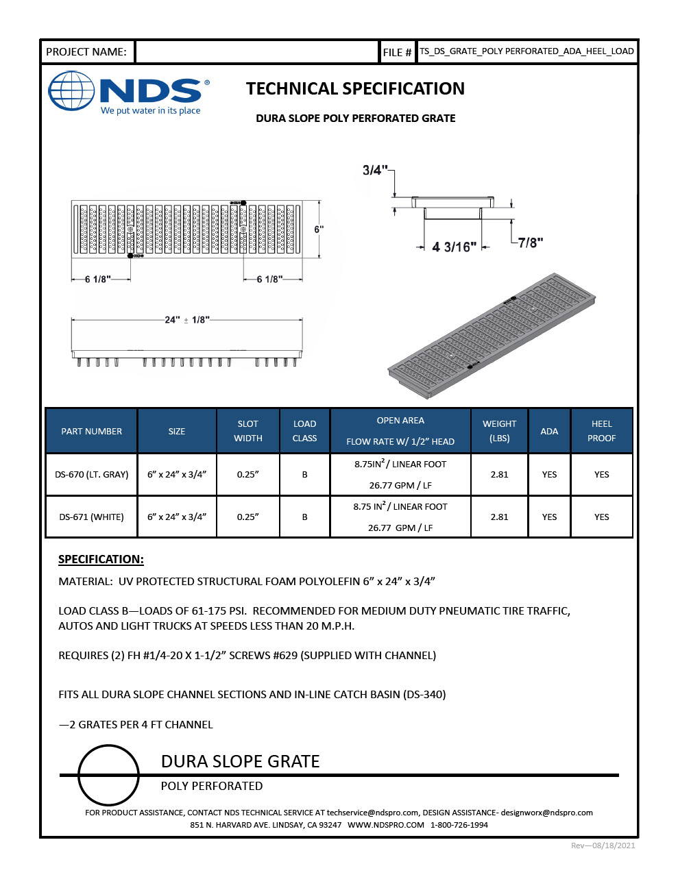 NDS Dura Slope® Channel Drain Grate Perforated Plastic Tech Spec