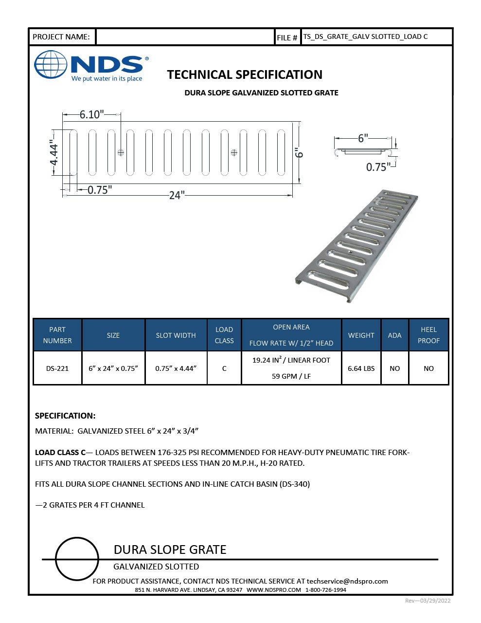 NDS Dura Slope® Channel Drain Grate Slotted Galvanized Steel Tech Spec