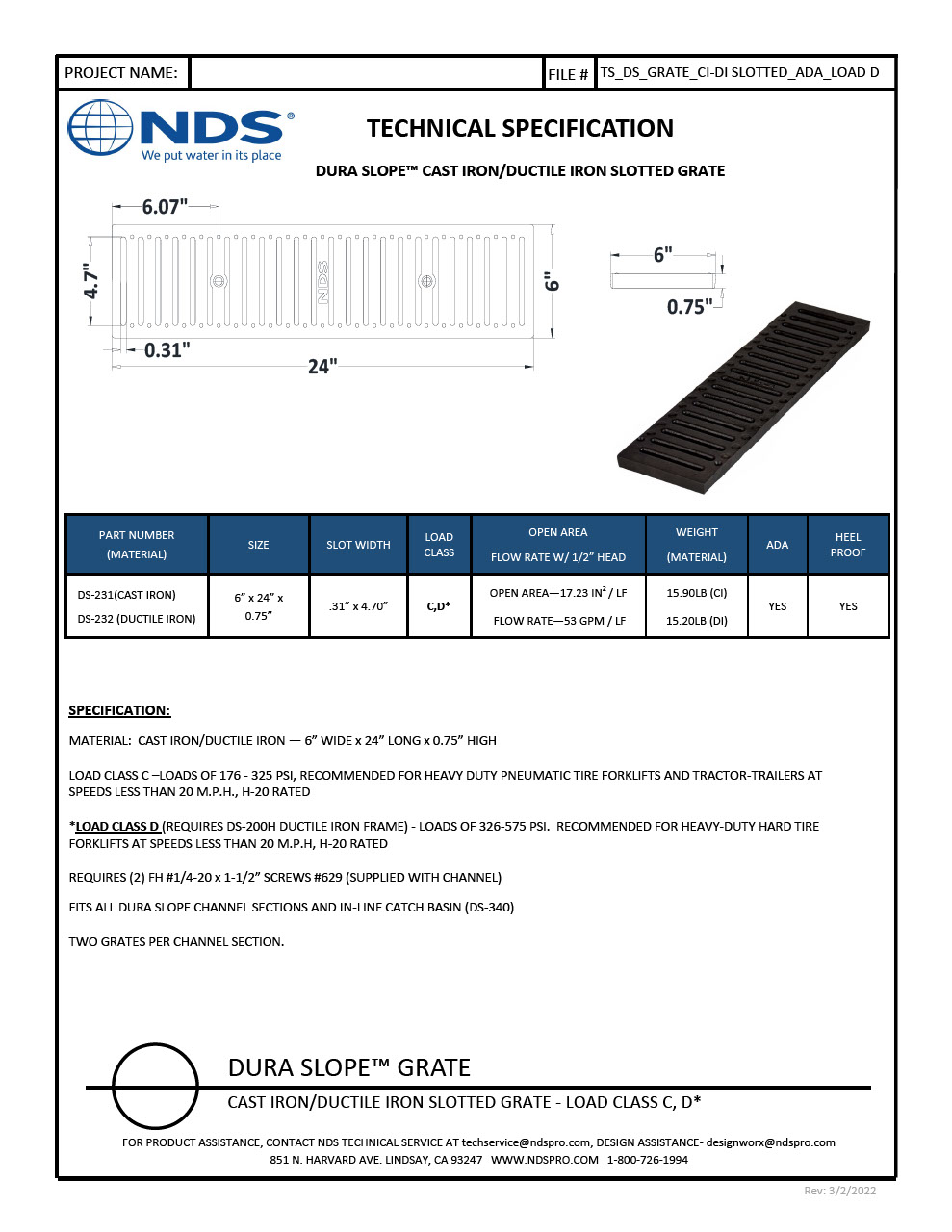 NDS Dura Slope® Channel Drain Grate Slotted Ductile Iron Tech Spec