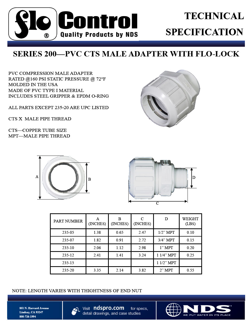 NDS Flo-LockTM Gripper Adapter CTS X CTS MPT Tech Spec