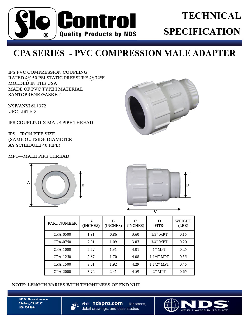 PVC Compression Adapter, 3/4 in. IPS UC X 3/4 in. IPS MPT, White