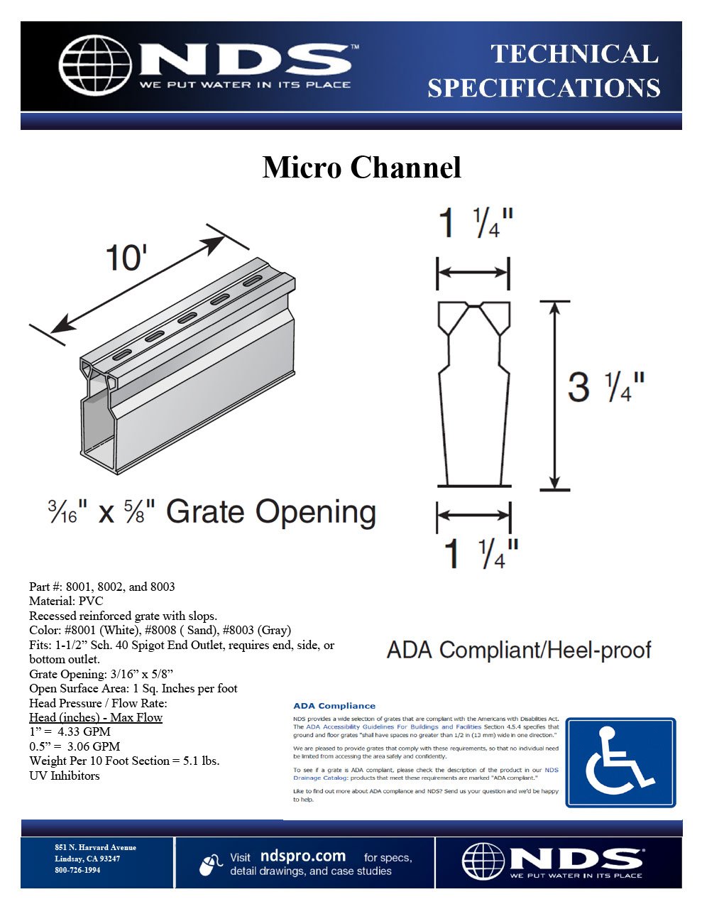 NDS Micro™ Channel Drains & Grates System Tech Spec