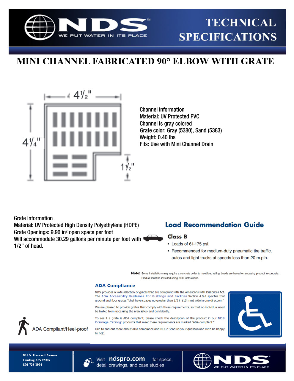 NDS Mini Channel Drain 90° Elbow and Grate Tech Spec