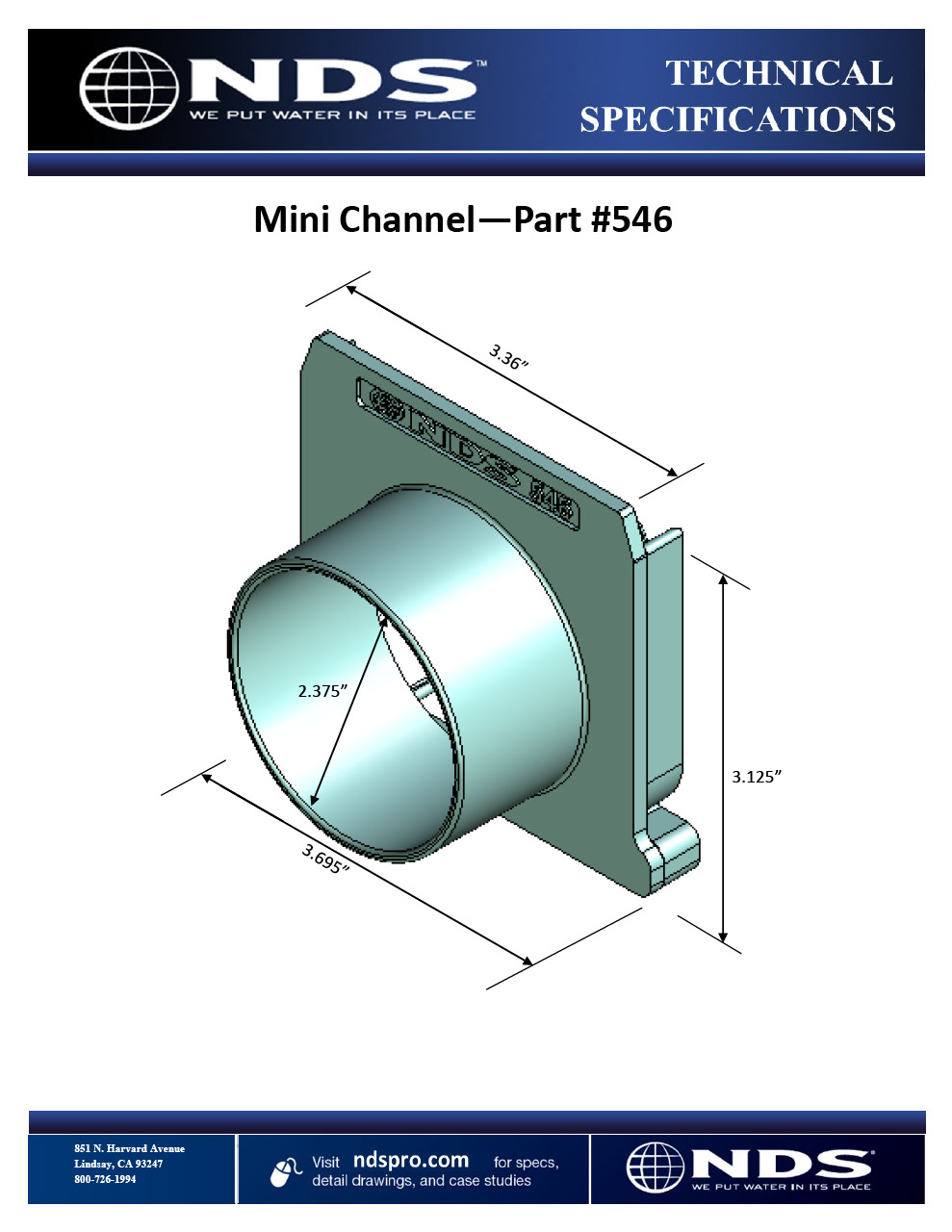 NDS Mini ChannelTM Drain End Outlet Tech Spec