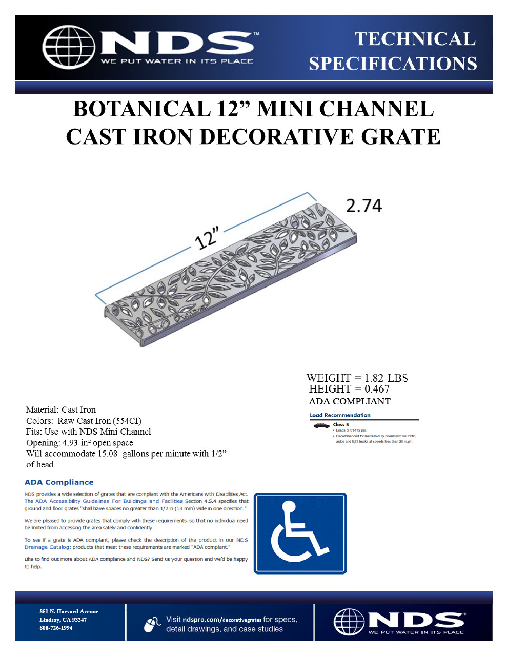 NDS Mini ChannelTM Drain Grate with Cast Iron Decorative Botanical Design Tech Spec