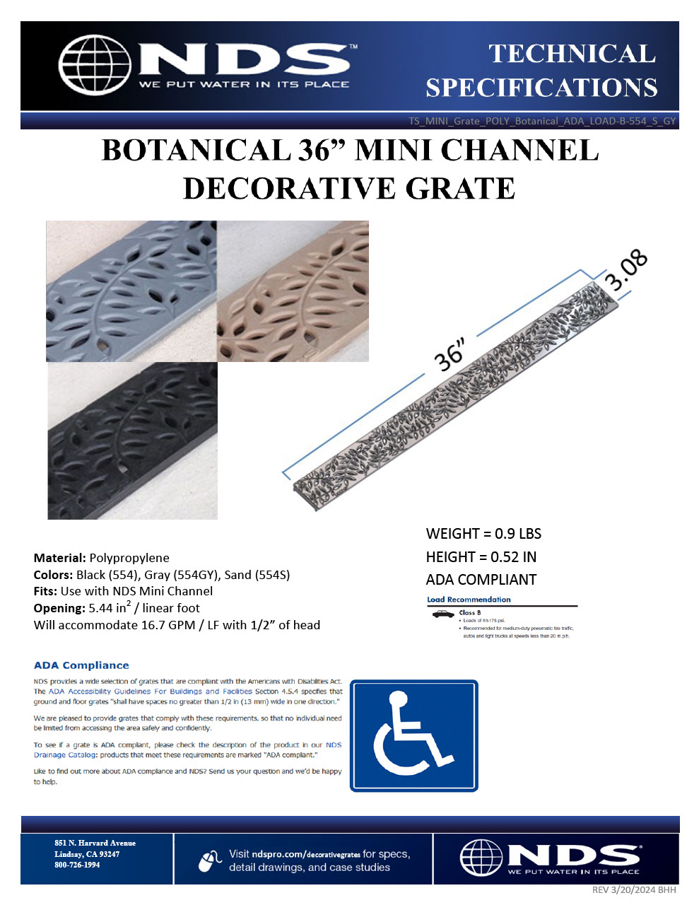 NDS Mini Channel Drain Grate Plastic Decorative Botanical Design Tech Spec