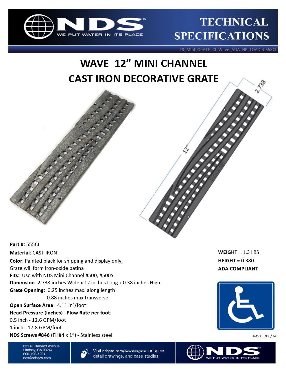 NDS Mini Channel Drain Grate Cast Iron Decorative Wave Design Tech Spec