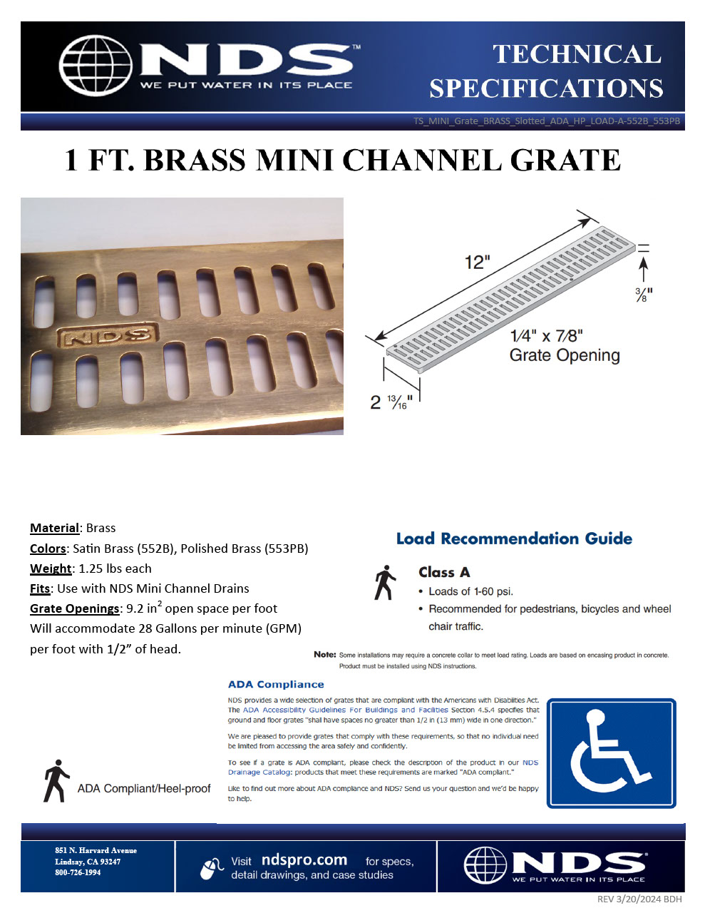 NDS Mini Channel Drain Grate Satin Brass Tech Spec