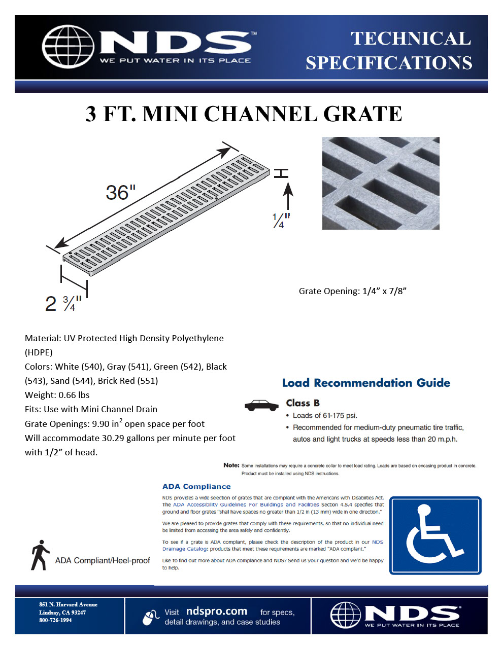 NDS Mini Channel Drain Grate Plastic Slotted Design Tech Spec