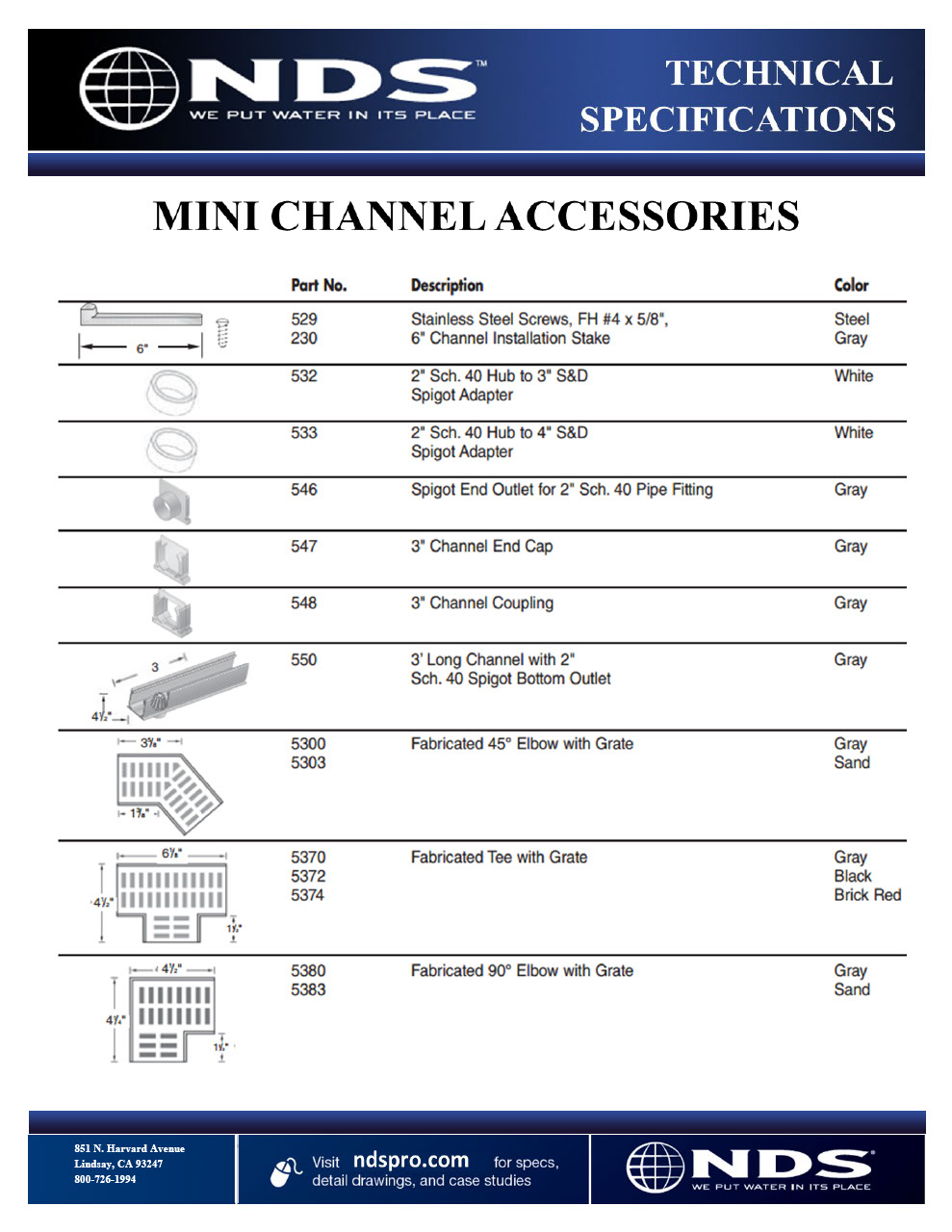 NDS Mini Channel Drain Accessories Tech Spec