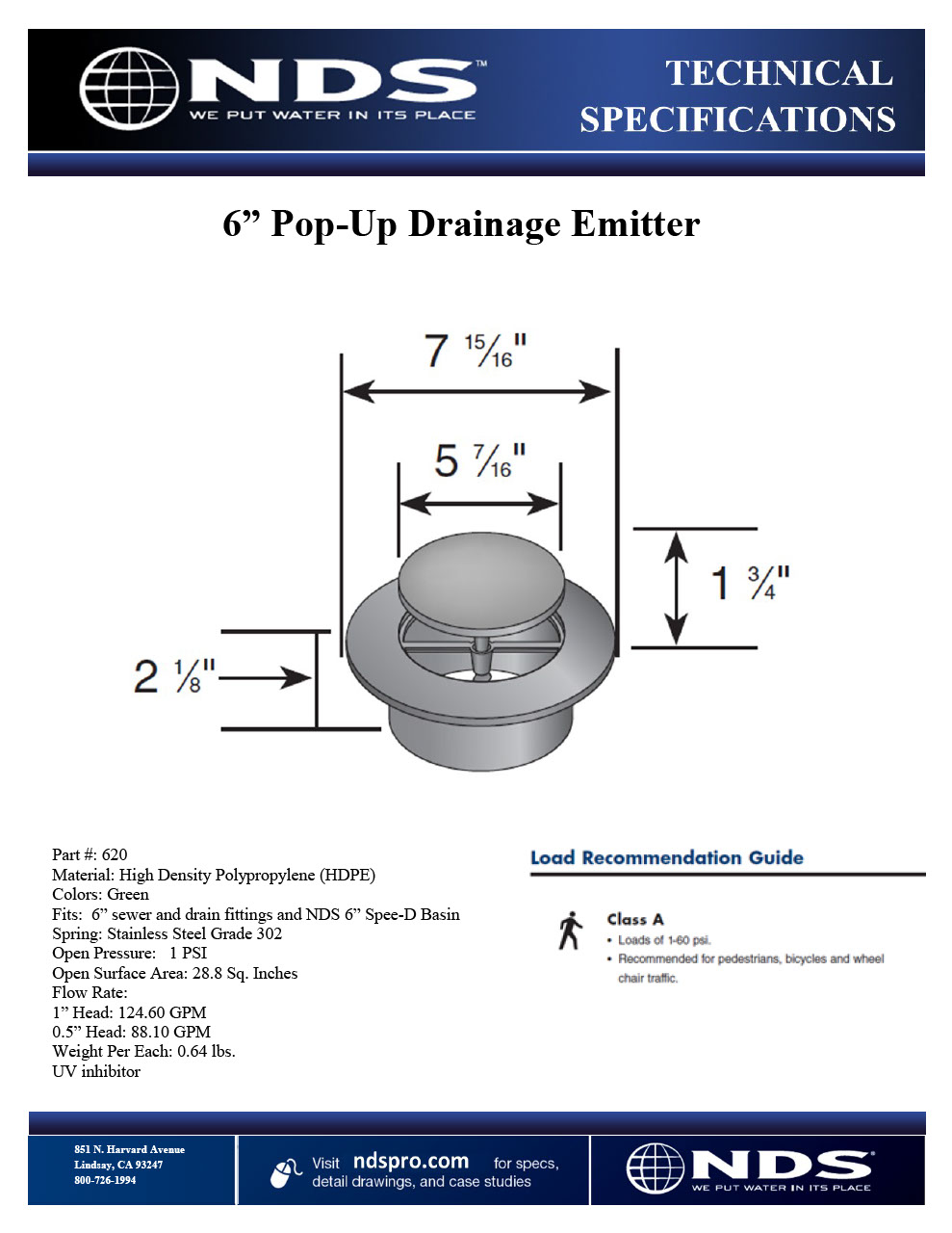 NDS Pop-Up Drainage Emitter for 6 in. Round Spee-D® Catch Basin Drain & 6 in. Drain Fittings Tech Spec