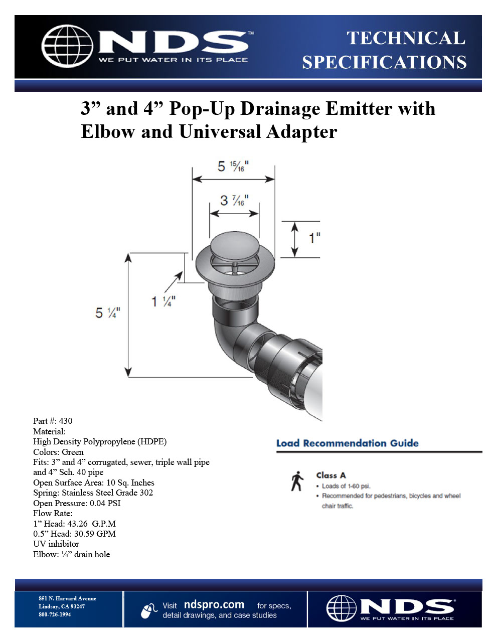 NDS Pop-Up Drainage Emitter with Elbow and Adapter Spring Loaded Tech Spec