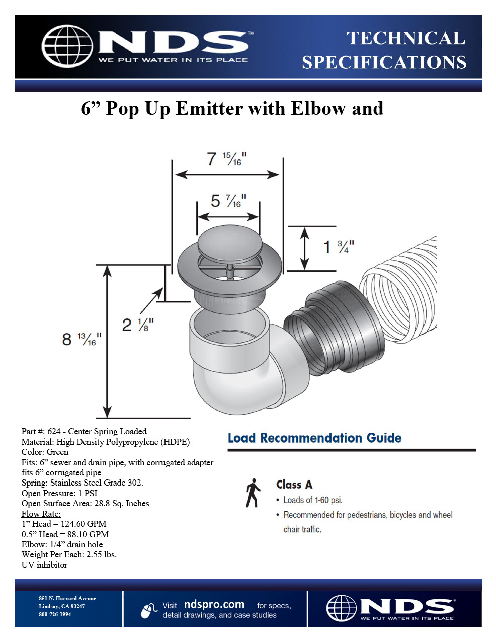 NDS Pop-Up Drainage Emitter with Elbow and Adapter for 6 in. Drain Pipes Tech Spec