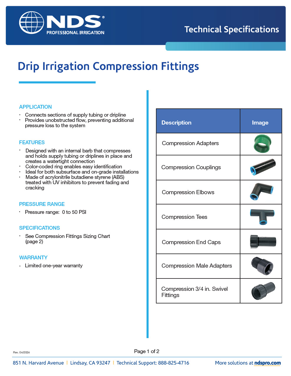 NDS Professional Irrigation Drip Irrigation Compression Fittings Tech Spec