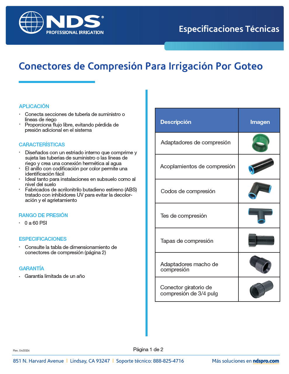 NDS Professional Irrigation Drip Irrigation Compression Fittings Spanish Tech Spec