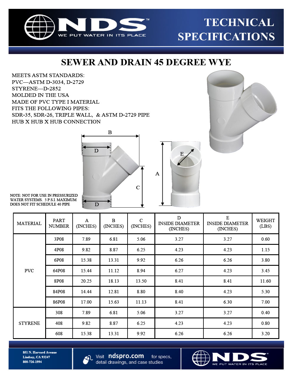 NDS S&D 45° Wye Hub X Hub X Hub Tech Spec