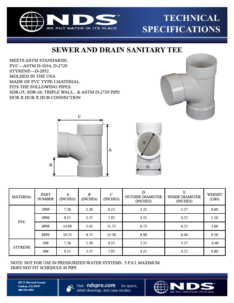 NDS S&D Sanitary Tees Tech Spec