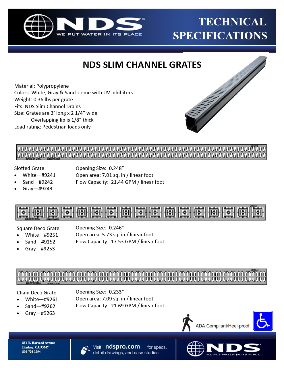 NDS Slim Channel Drain Grates Tech Spec