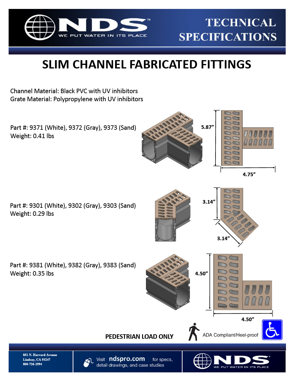 NDS Slim™ Channel Drain Fittings Accessories Tech Spec