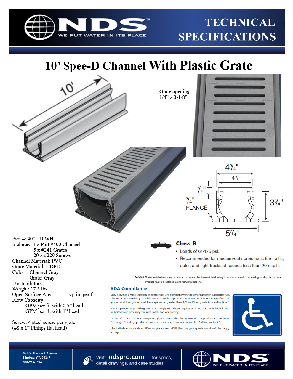 NDS Spee-D® Channel Drain with Plastic Grates Tech Spec