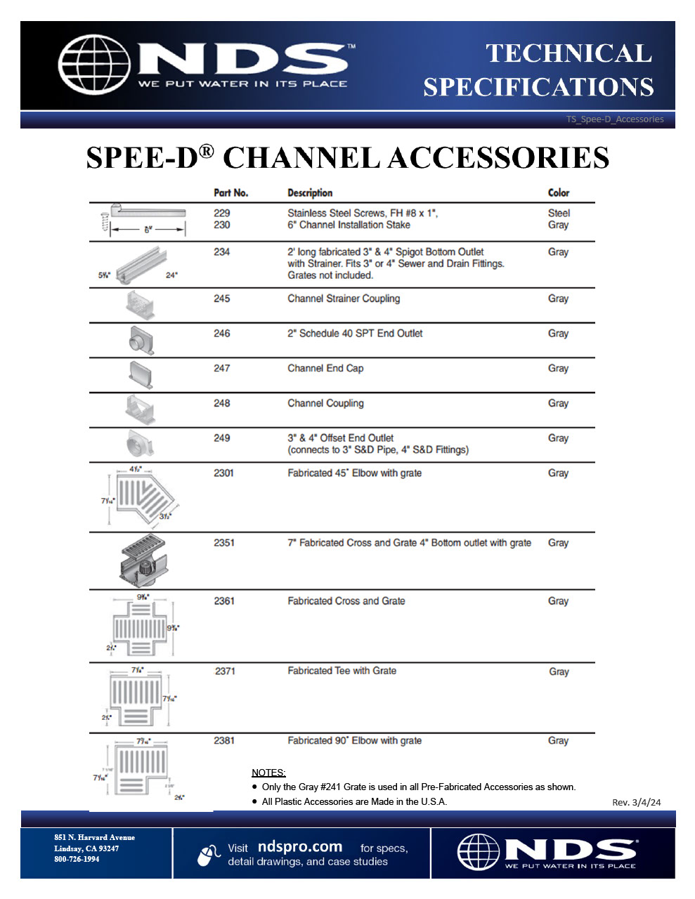 NDS Spee-D® Channel Drain Accessories Tech Spec