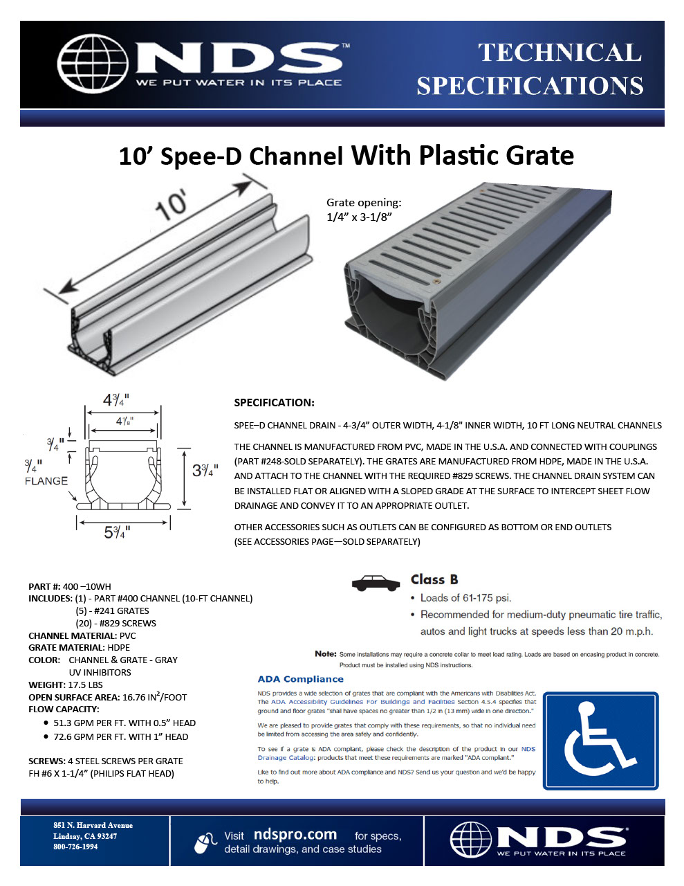 NDS Spee-D® Channel Drain Assembly withe Plastic Grates Tech Spec