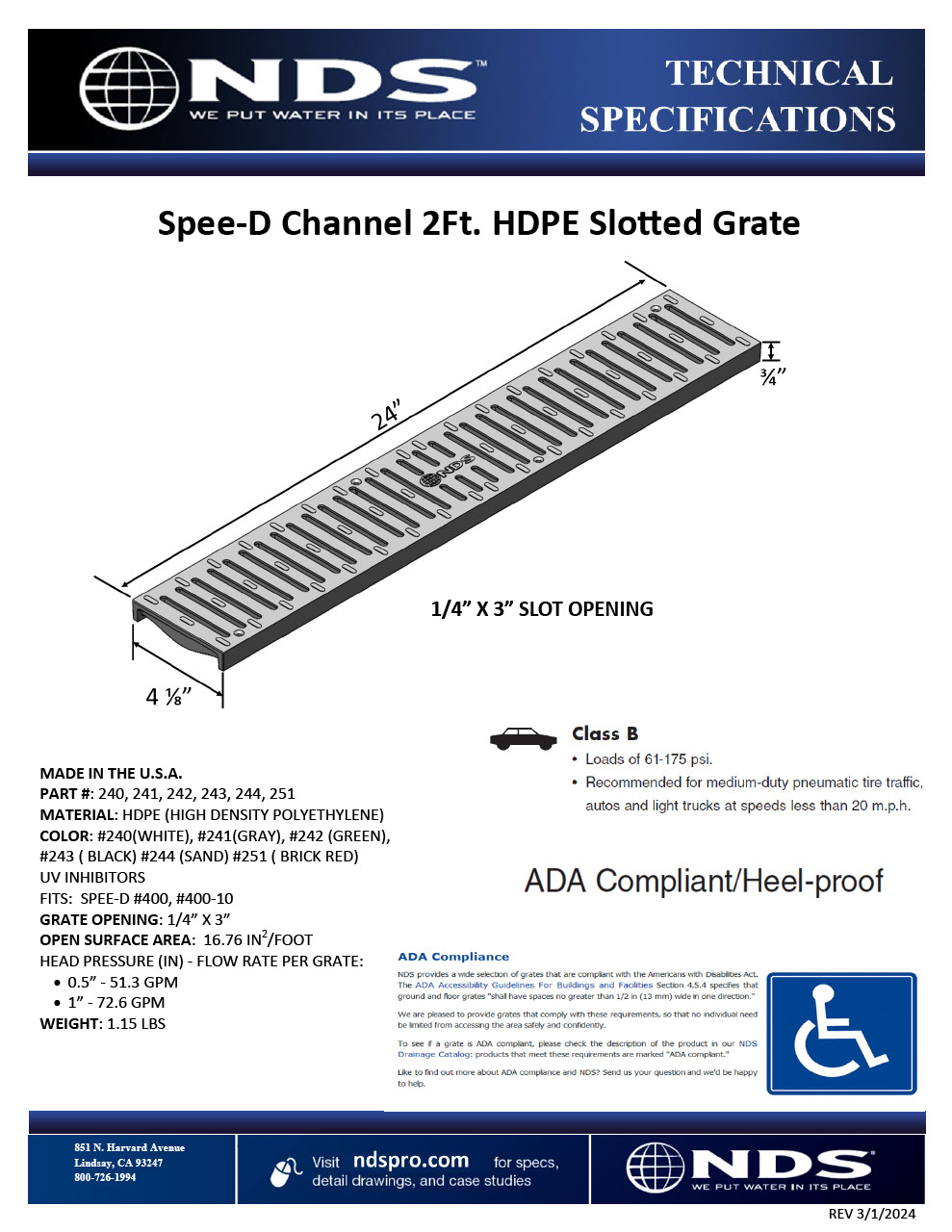 NDS Spee-D® Channel Drain Grate Plastic Tech Spec